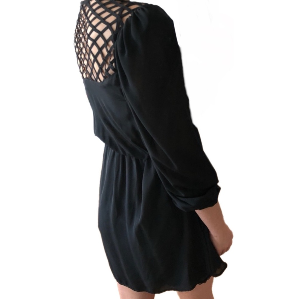 Vintage Black Sheer V-neck Mini Dress w/ Caged Style Lattice Open Back Small +
